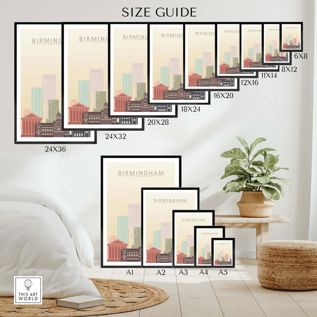 Birmingham Skyline Print size guide showcasing various frame sizes for wall art options.