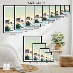 Bonaire travel poster print size guide showing various frame sizes and minimalist design elements.