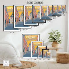 Bordeaux Poster Print size guide showcasing various framed and unframed options for stylish wall art.