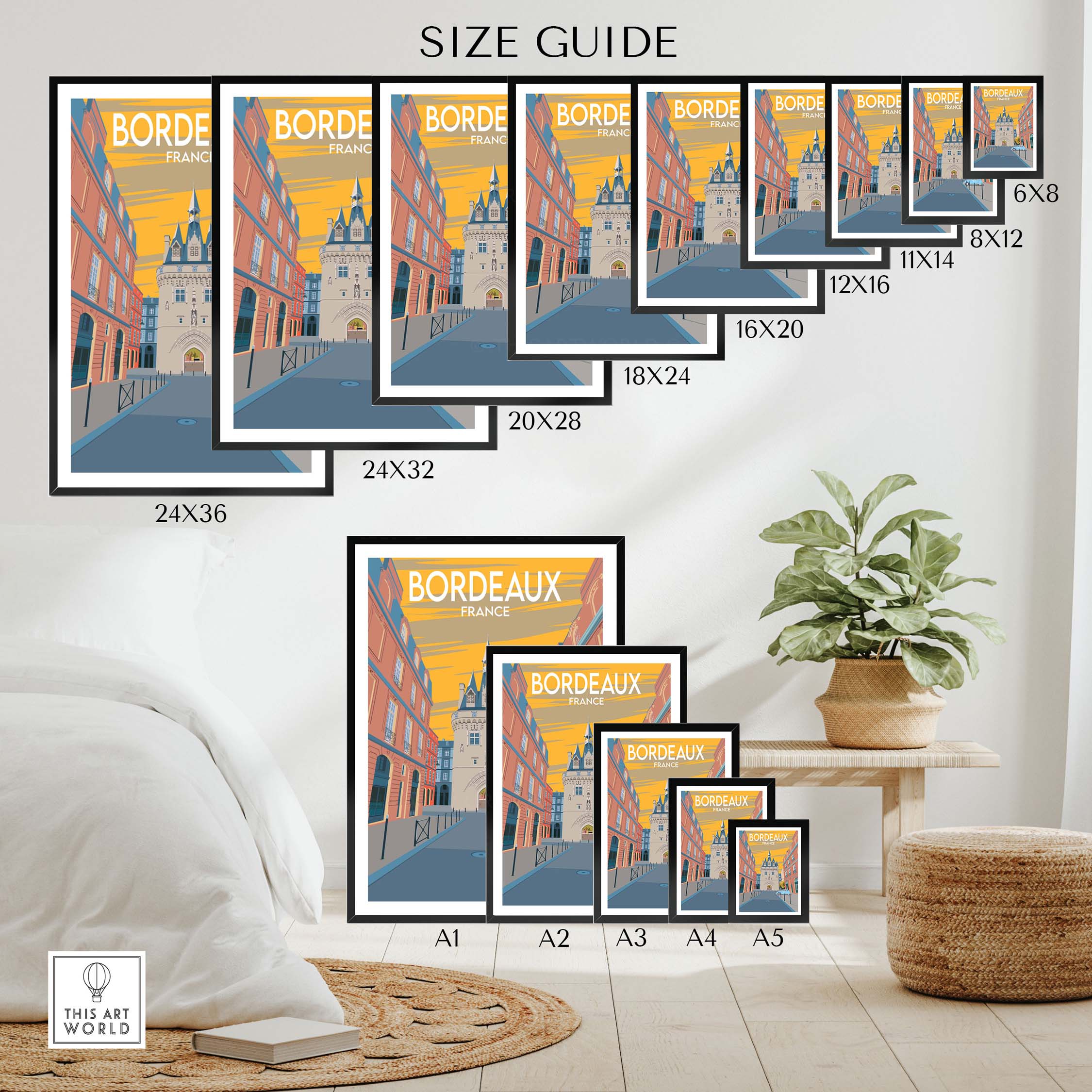 Bordeaux Poster Print size guide showcasing various framed and unframed options for stylish wall art.