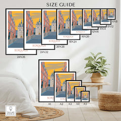 Bordeaux Travel Poster size guide with various print sizes and vintage artwork for stylish wall decor.