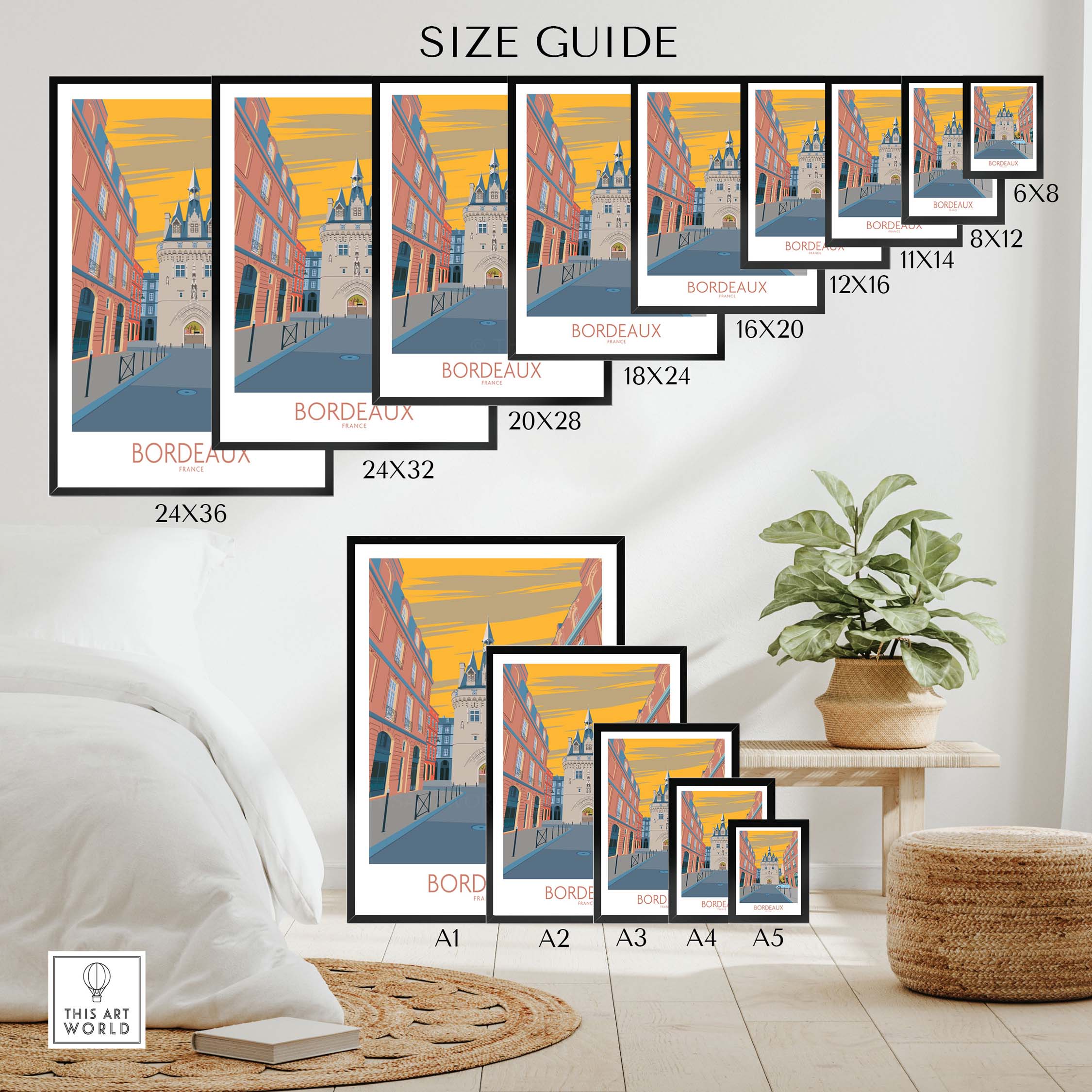 Bordeaux Travel Poster size guide with various print sizes and vintage artwork for stylish wall decor.