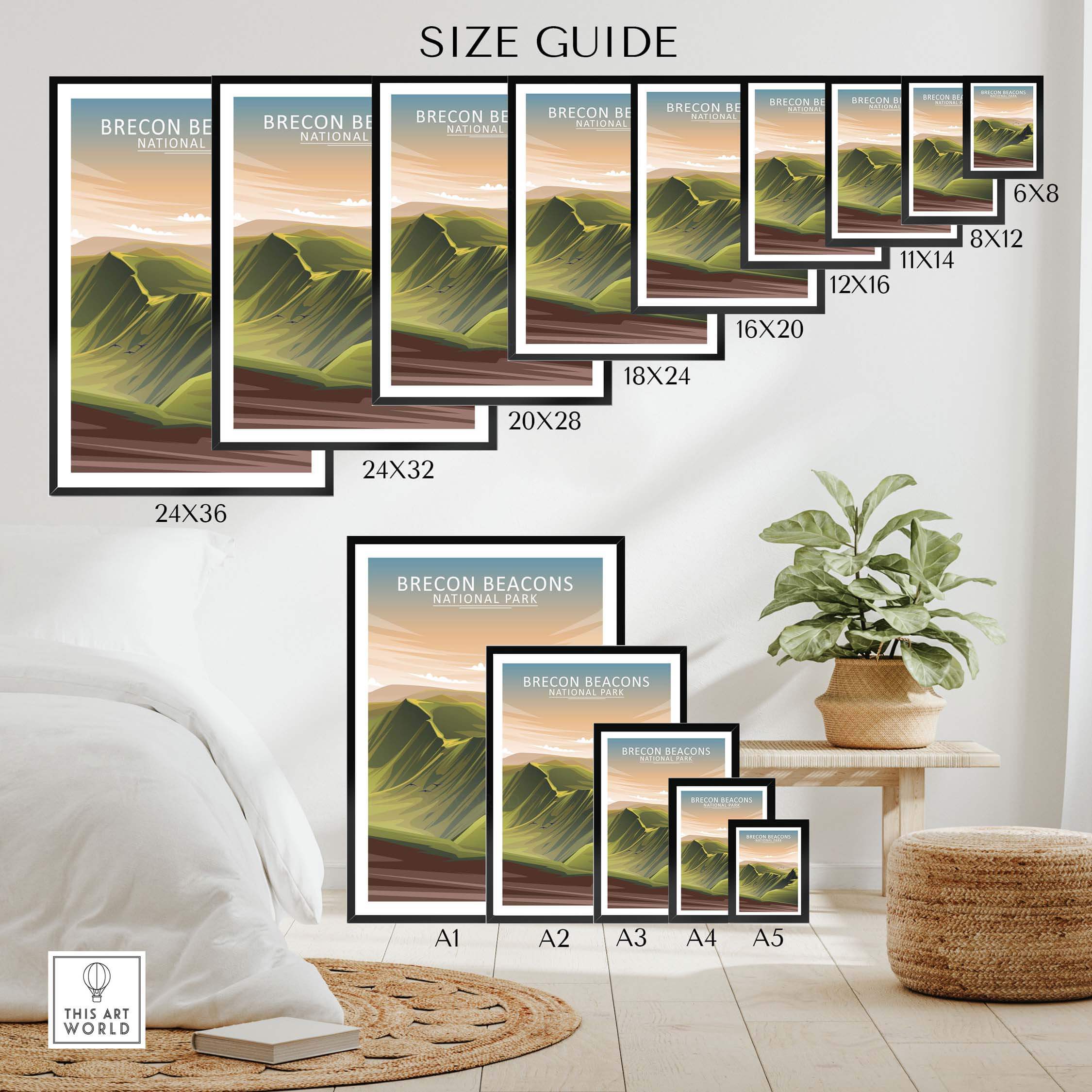 Size guide for Brecon Beacons National Park poster prints in various sizes, displayed in a cozy interior setting.