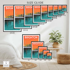 Brighton Print Poster Wall Art size guide showcasing various frame sizes and placements in an elegant home setting.