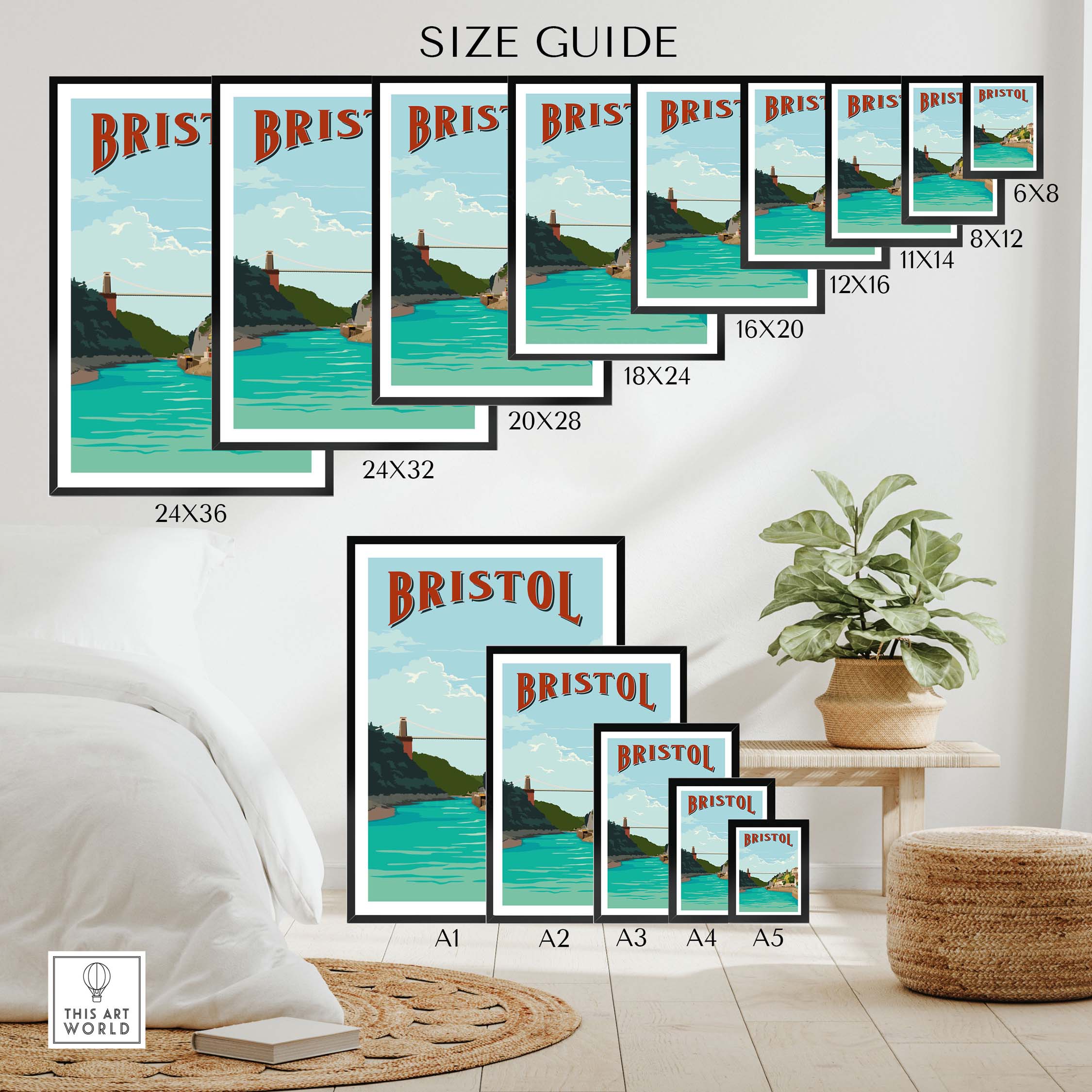 Bristol Print Poster Wall Art size guide showcasing various frame sizes for vintage travel art prints.