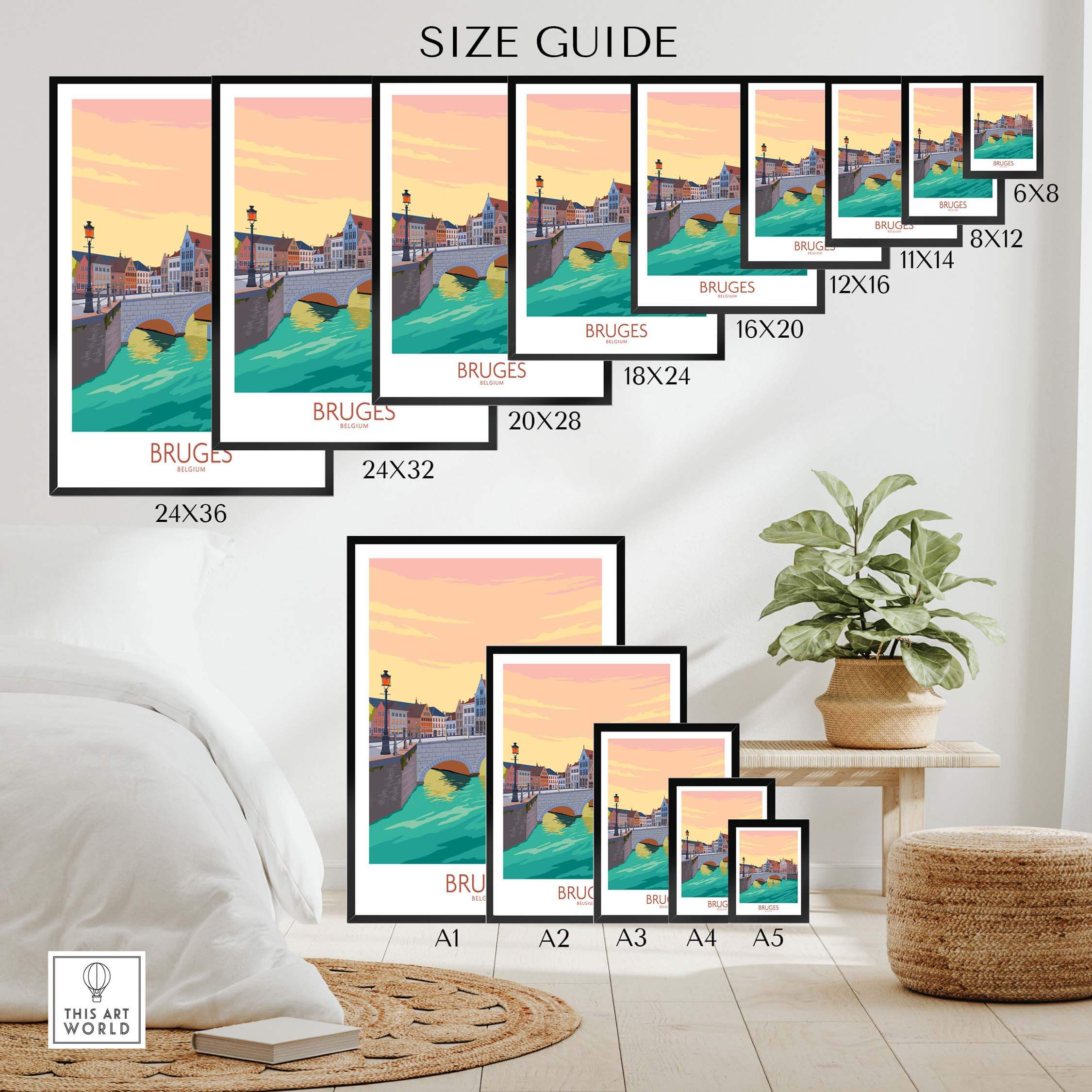 Size guide showcasing various sizes of Bruges Belgium poster prints for home decor.