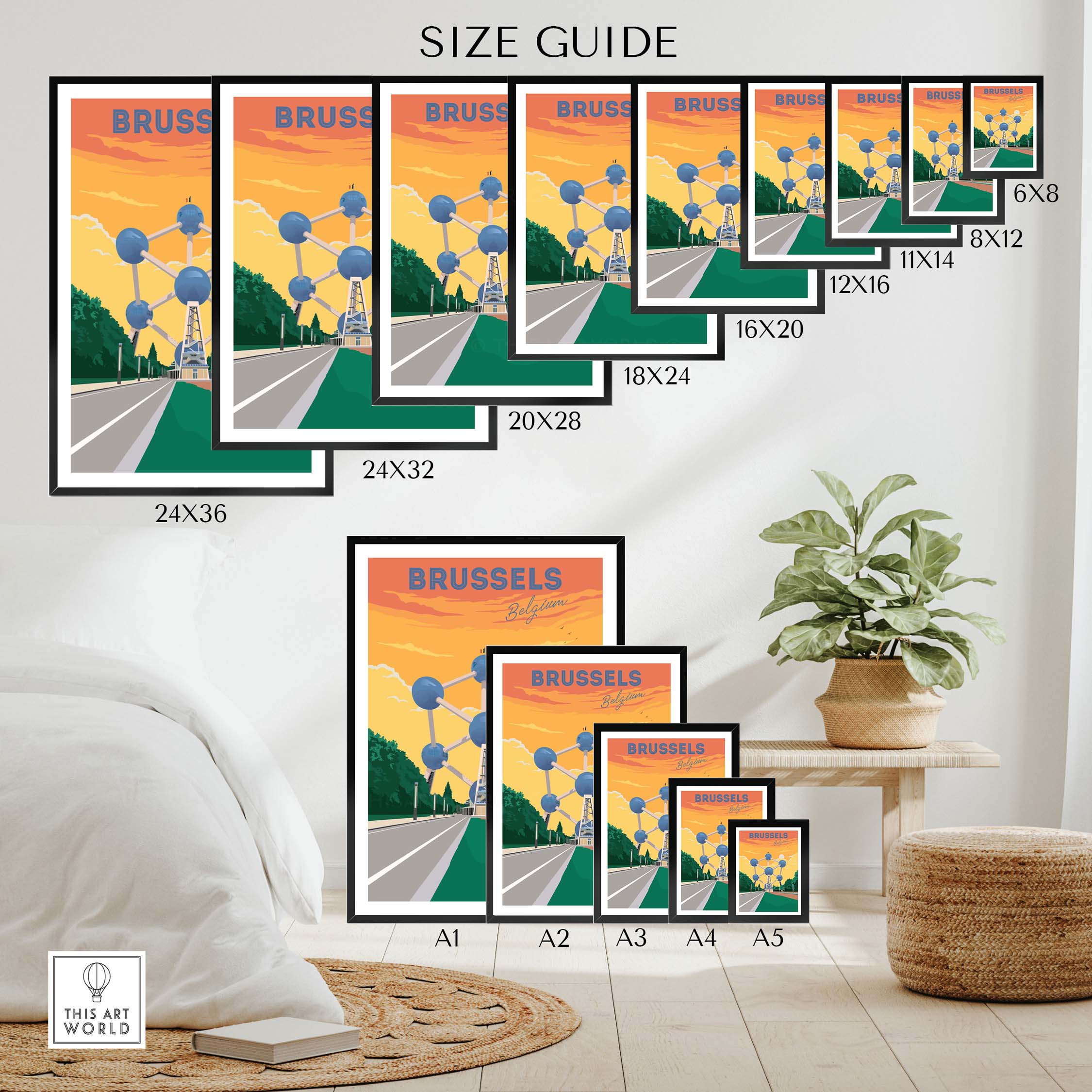 Brussels Print size guide showcasing various frame sizes and layout options for Belgium travel poster art.