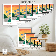 Brussels poster size guide showing various print dimensions for Belgium travel art