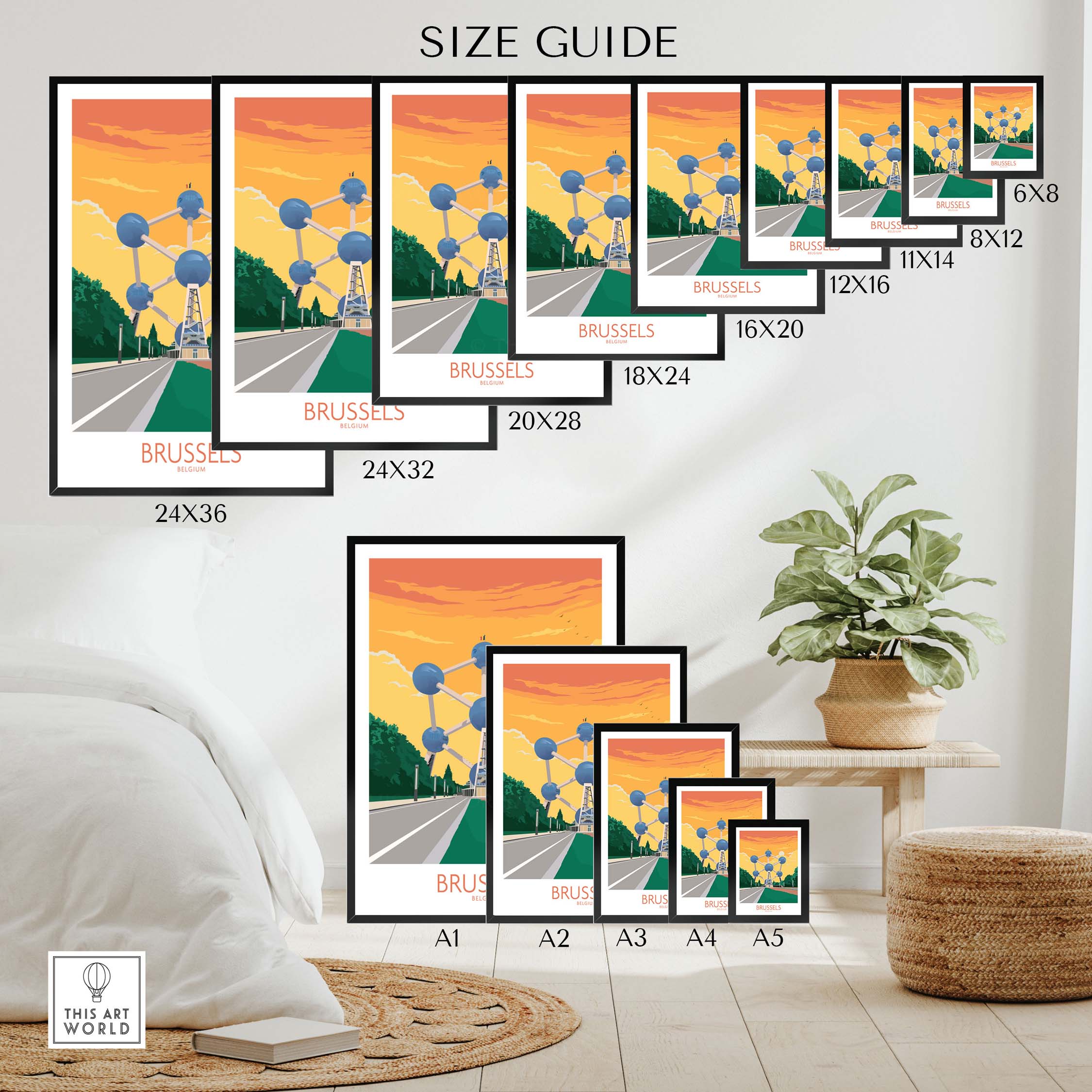 Brussels poster size guide showing various print dimensions for Belgium travel art