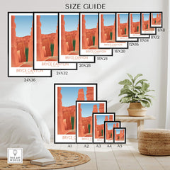 Size guide for Bryce Canyon National Park Art Print showcasing various frame sizes for wall art.