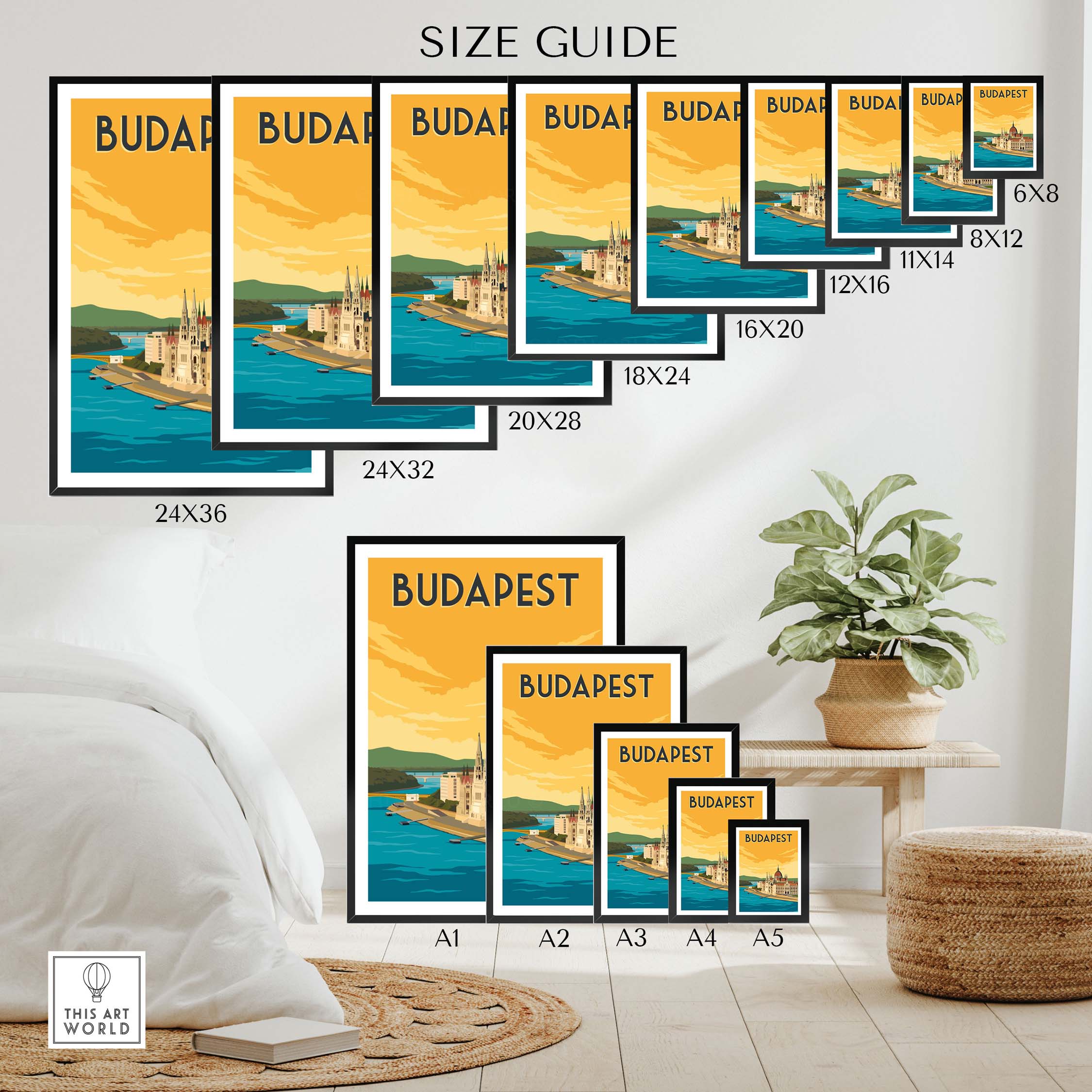 Size guide for Budapest vintage print poster wall art showcasing various frame sizes.