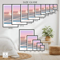 Size guide for Budapest Print showcasing various frame sizes in a stylish home setting.