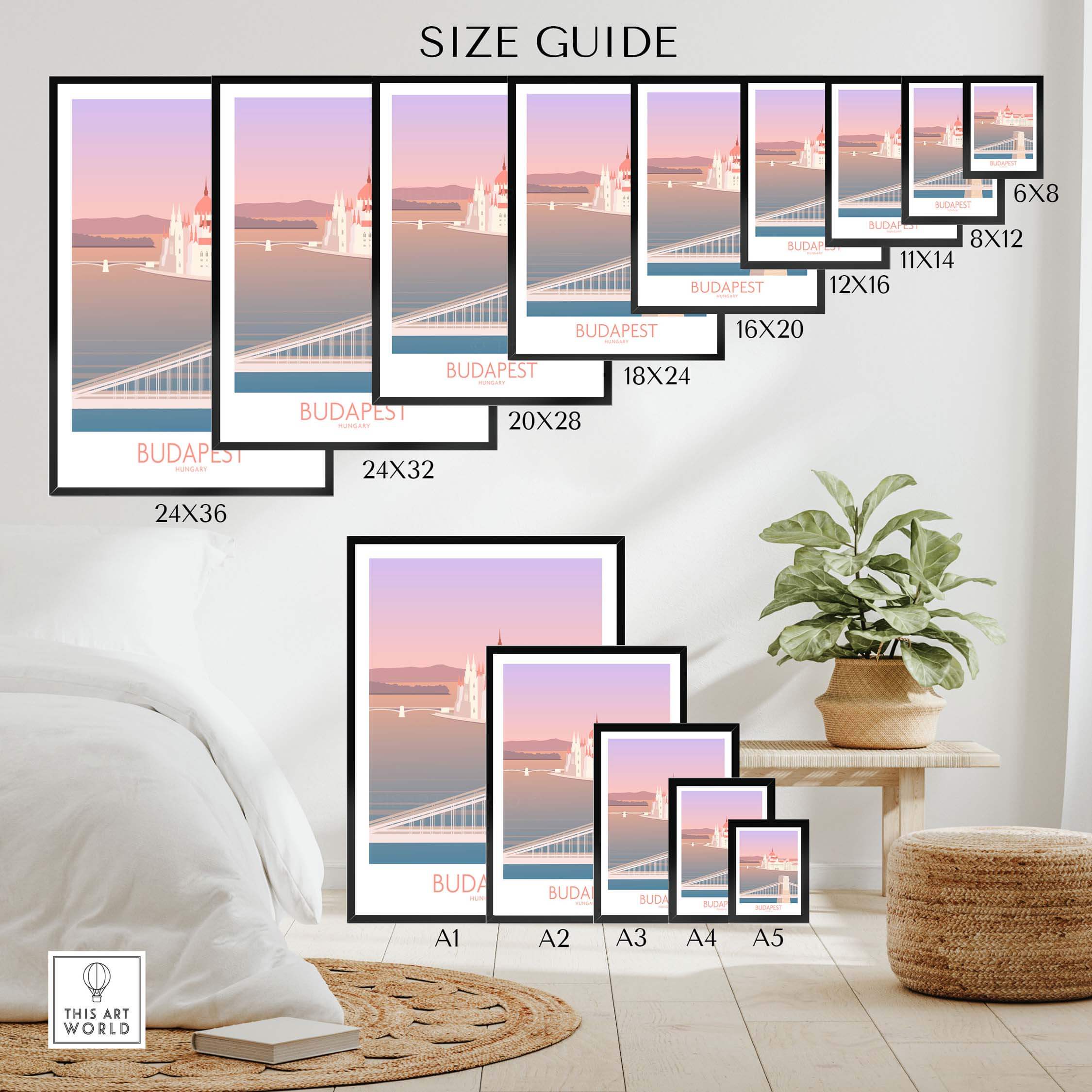 Size guide for Budapest Print showcasing various frame sizes in a stylish home setting.