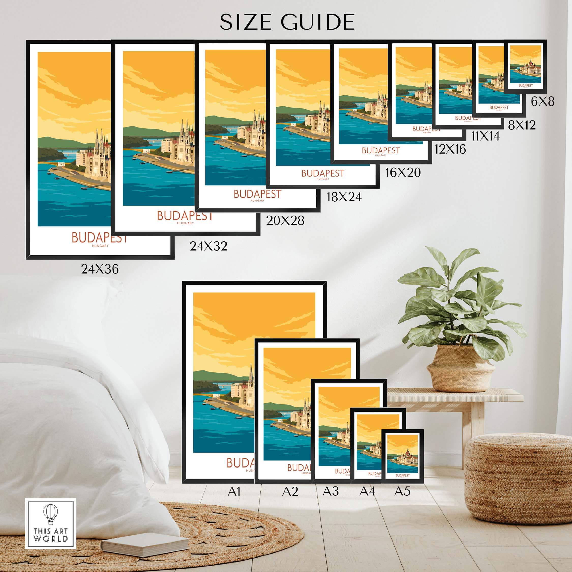 Budapest poster size guide showcasing various print sizes for stylish wall art in home decor.