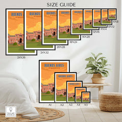 Size guide for Buenos Aires Print showcasing various framed and unframed options for home decor.