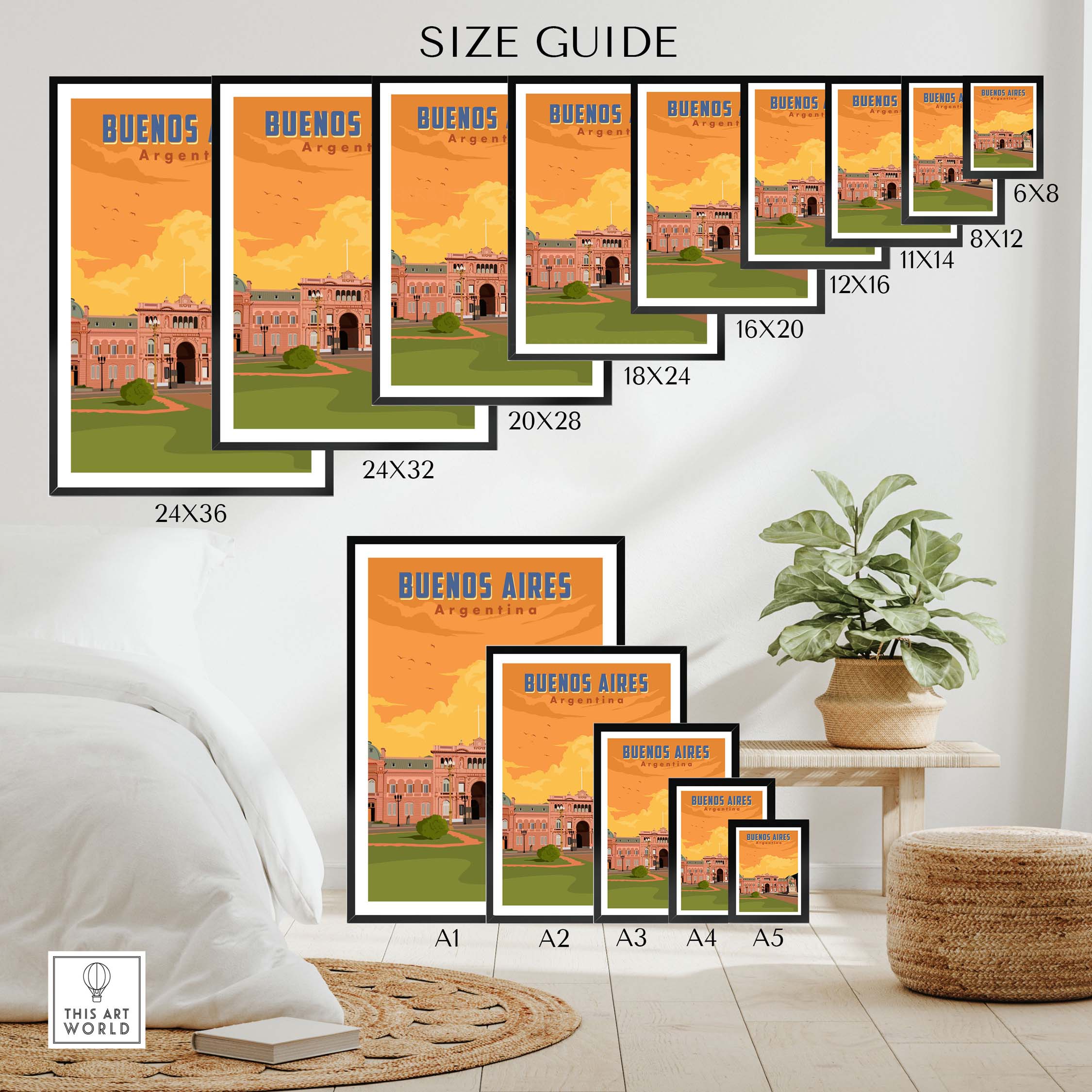 Size guide for Buenos Aires Print showcasing various framed and unframed options for home decor.