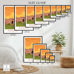 Size guide for Buenos Aires poster prints showcasing various sizes and styles for wall art decor.