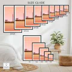 Size guide for Cairo Print Wall Art Poster showcasing various frame sizes and artwork display options.