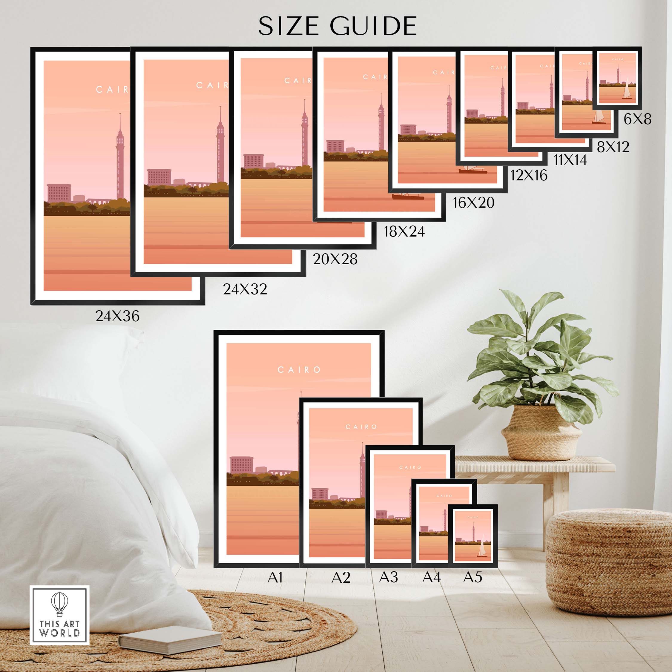 Size guide for Cairo Print Wall Art Poster showcasing various frame sizes and artwork display options.