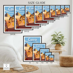 Cairo Wall Art Print size guide showcasing various frame sizes and designs inspired by Egypt.