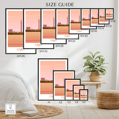 Cairo travel poster print size guide showcasing various frame sizes and styles in a modern home setting.