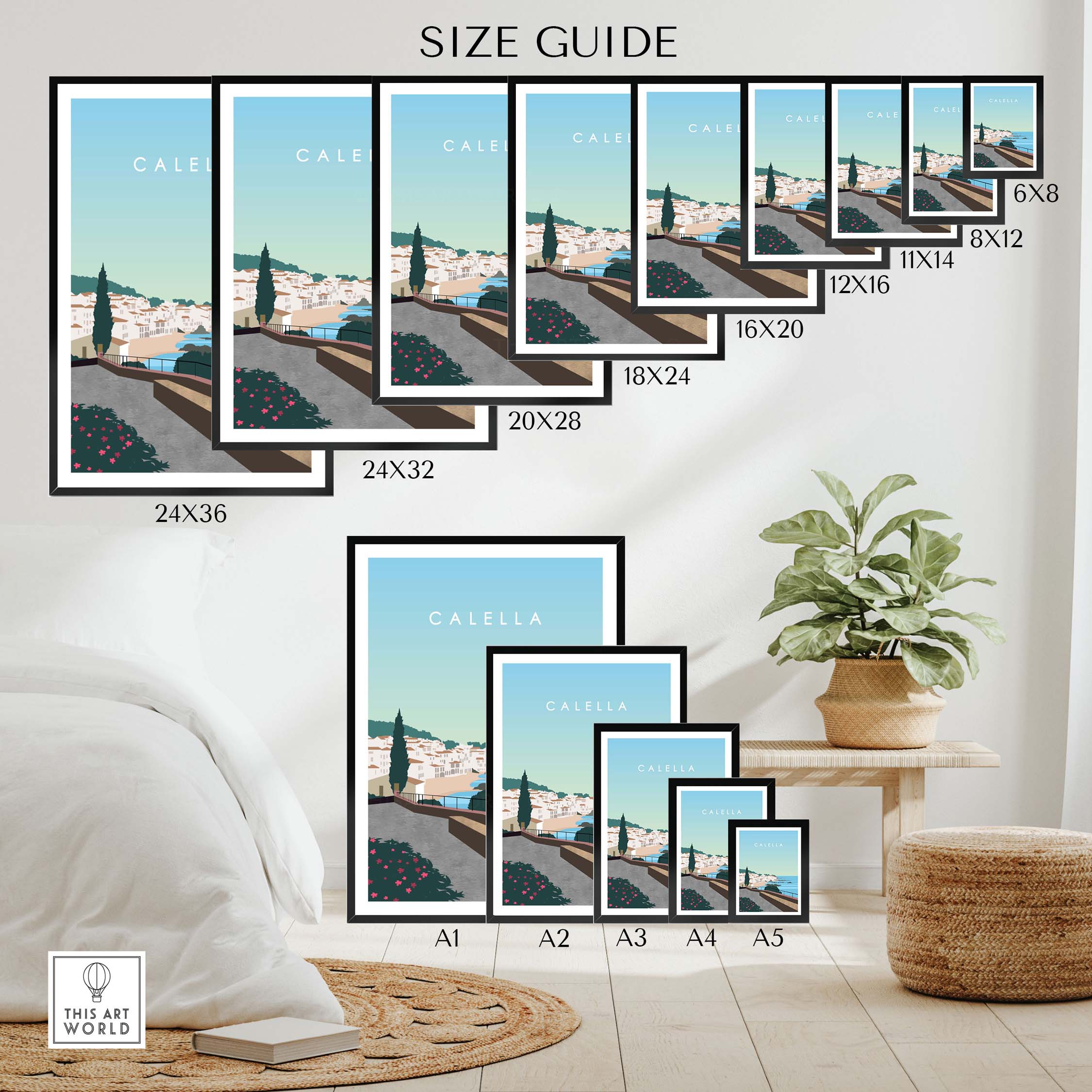 Size guide showcasing various frame sizes for Calella Spain Print Poster in a stylish interior setting.