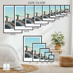 Size guide showcasing Costa Brava Calella Spain poster in various frame sizes. Perfect for stylish home decor.