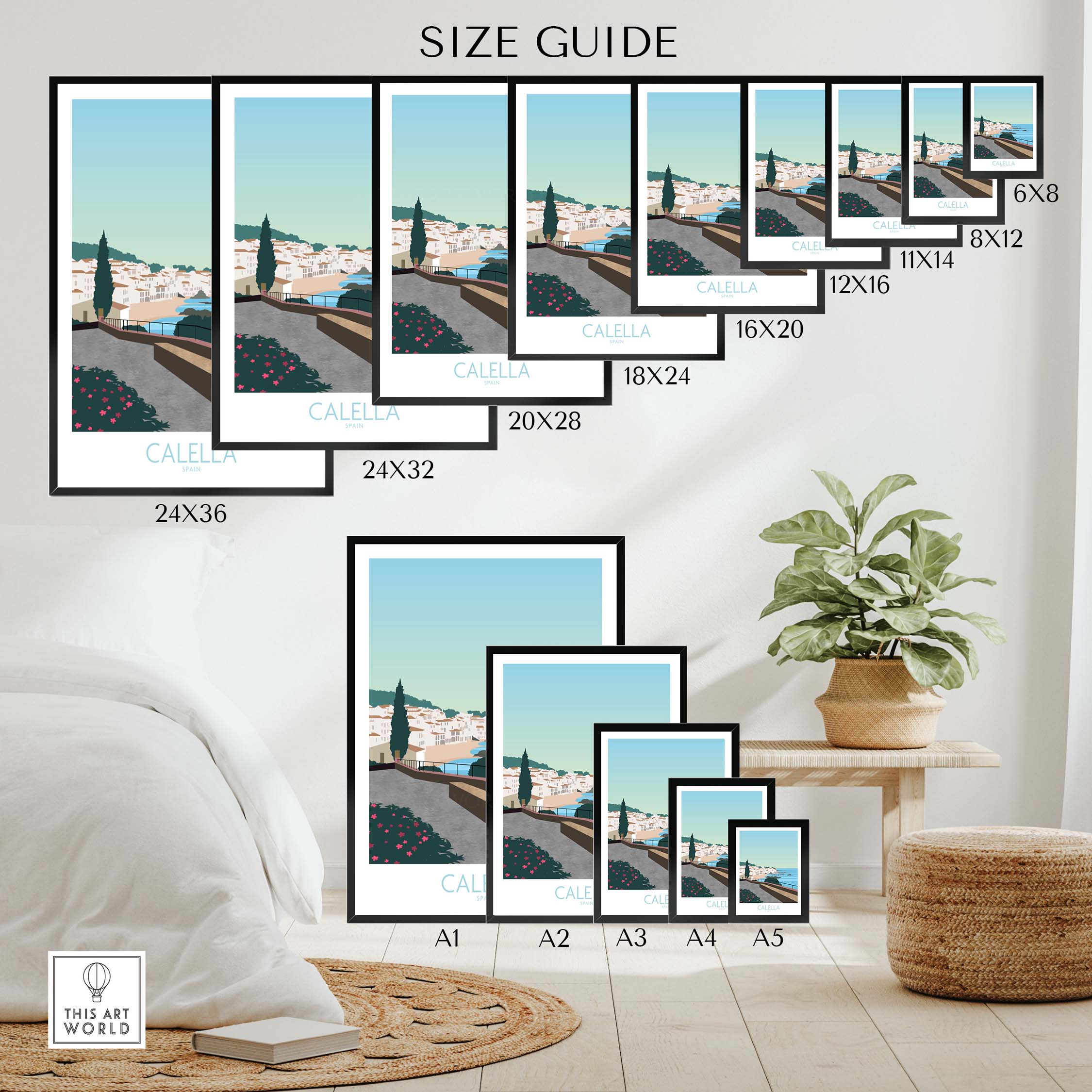 Size guide showcasing Costa Brava Calella Spain poster in various frame sizes. Perfect for stylish home decor.