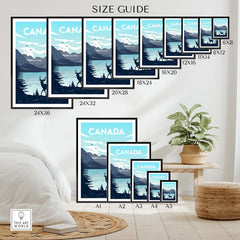 Size guide for Canada Poster Wall Art Print showing various frame sizes and a stylish home decor setting.