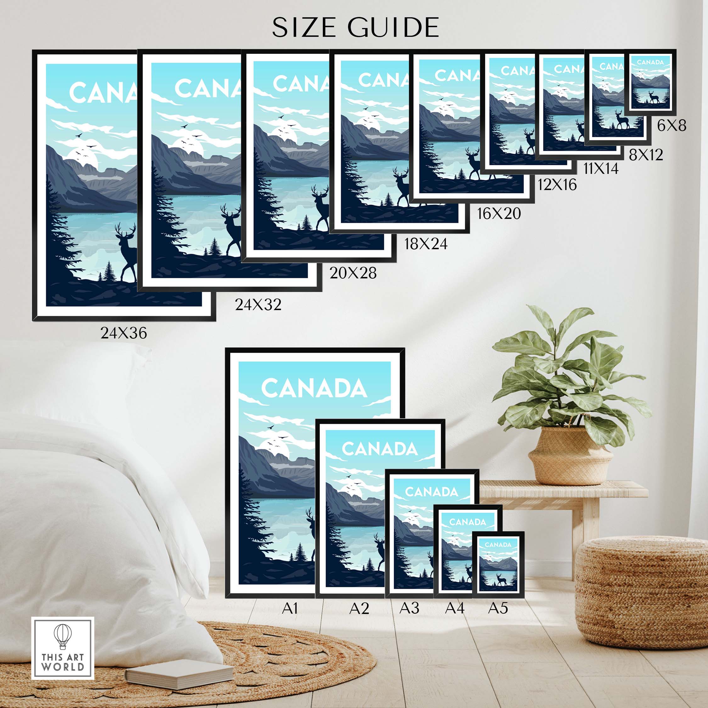 Size guide for Canada Poster Wall Art Print showing various frame sizes and a stylish home decor setting.