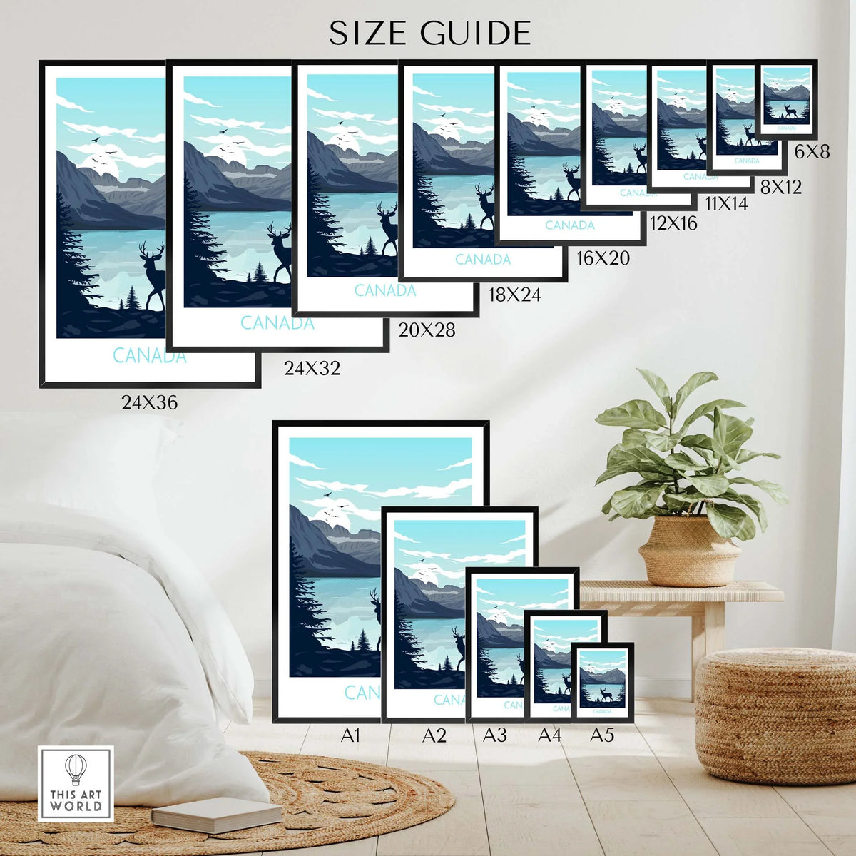 Canada Travel Poster Print size guide showcasing various frame sizes for wall art.