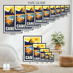 Size guide for Cancun Poster Wall Art Print showing various frame sizes in a stylish indoor setting.