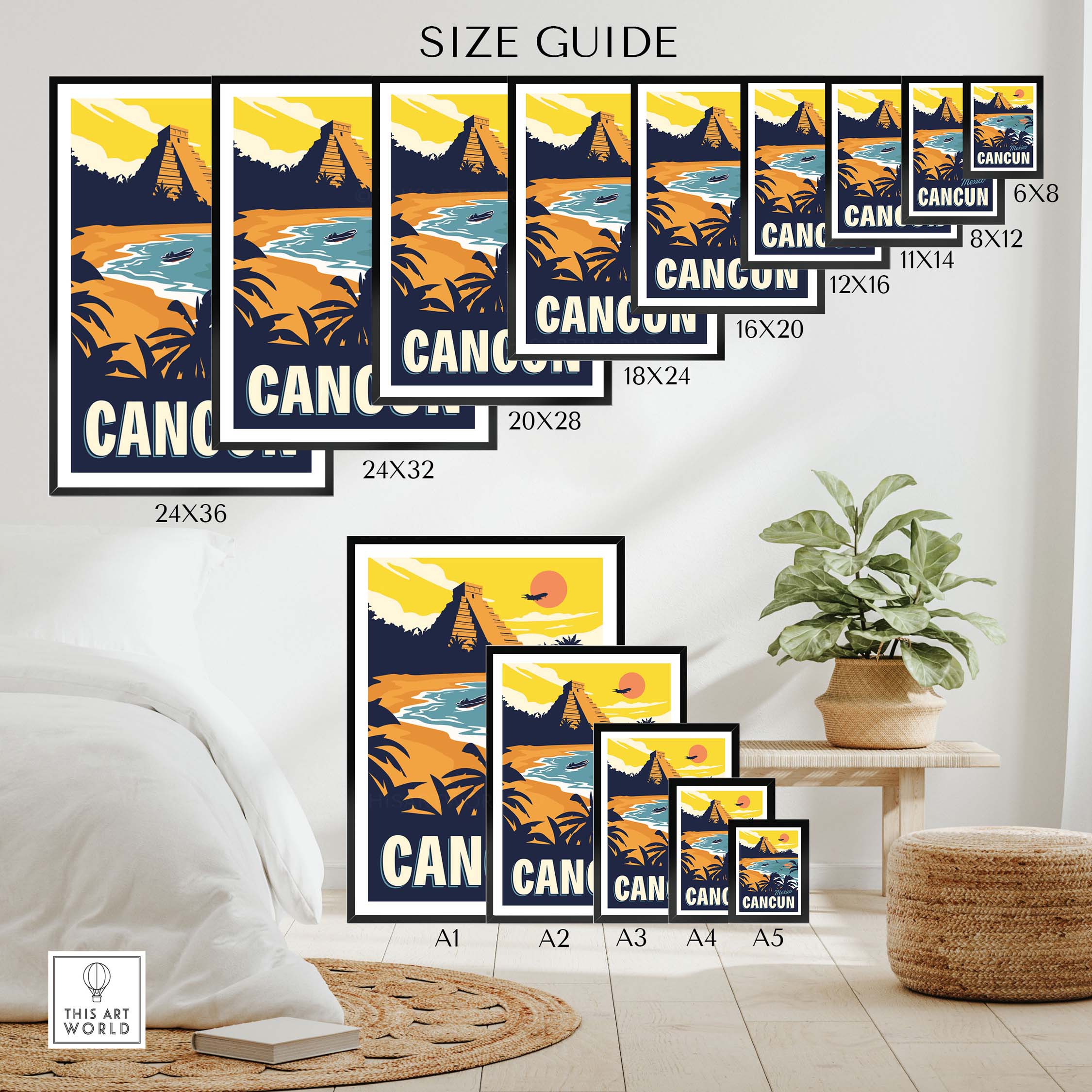 Size guide for Cancun Poster Wall Art Print showing various frame sizes in a stylish indoor setting.