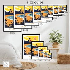 Size guide for Cancun travel poster prints showcasing various frame sizes and designs.
