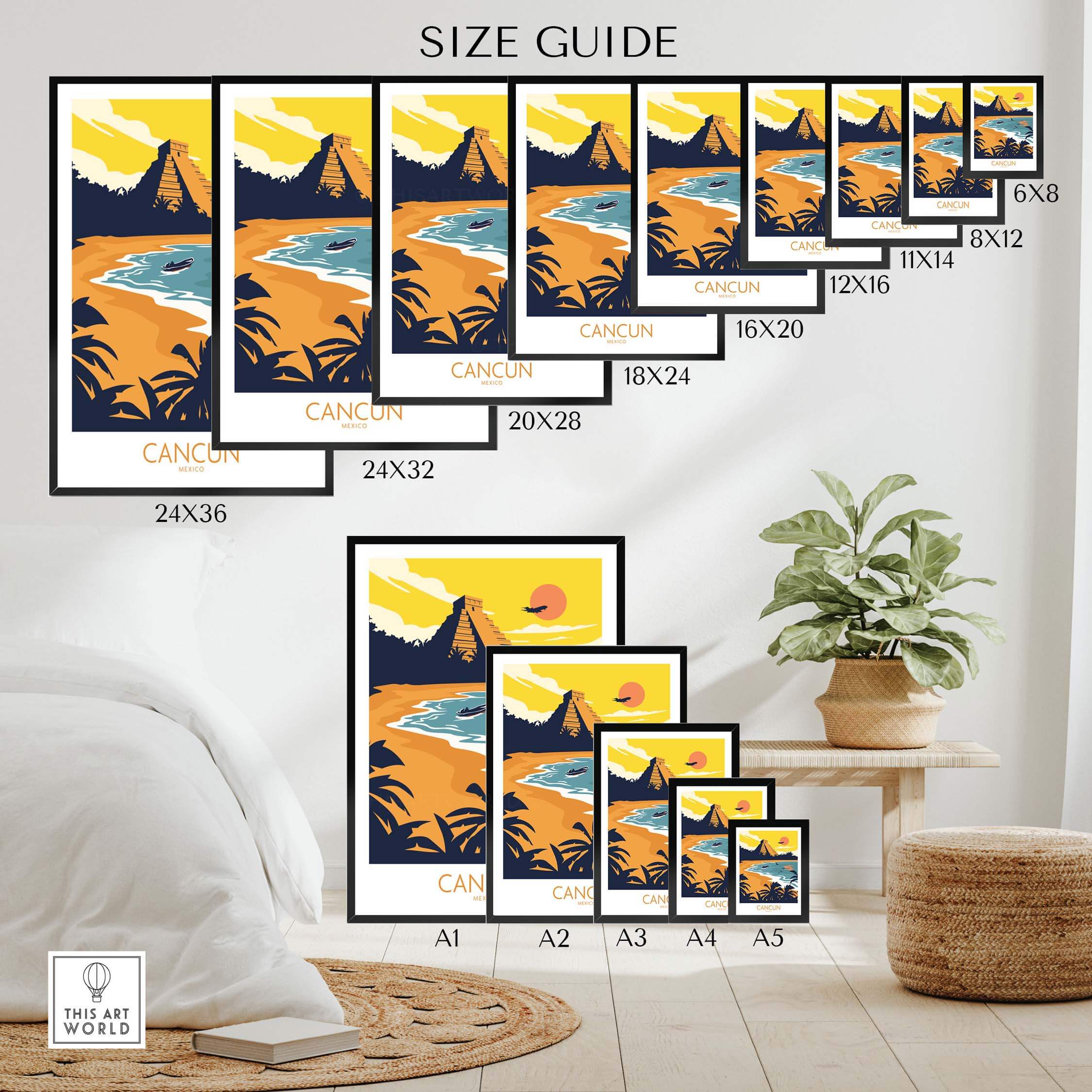Size guide for Cancun travel poster prints showcasing various frame sizes and designs.