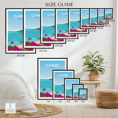 Size guide for Cannes Poster France Print showcasing various frame sizes and styles in a stylish home setting.