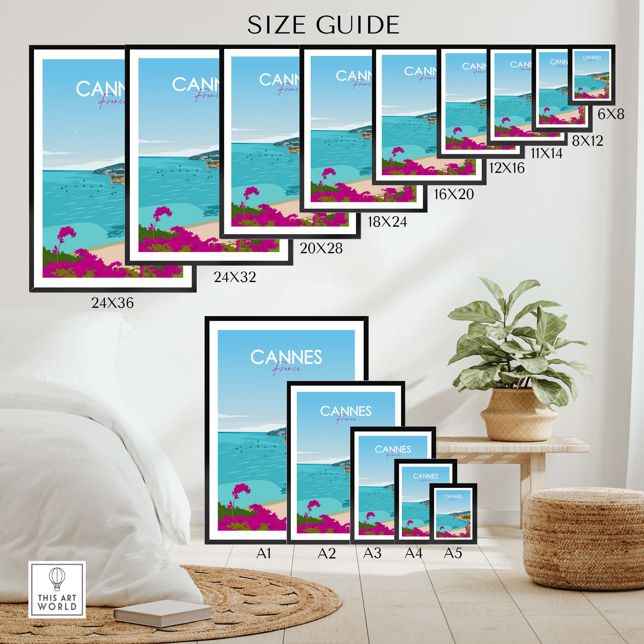 Size guide for Cannes Poster France Print showcasing various frame sizes and styles in a stylish home setting.