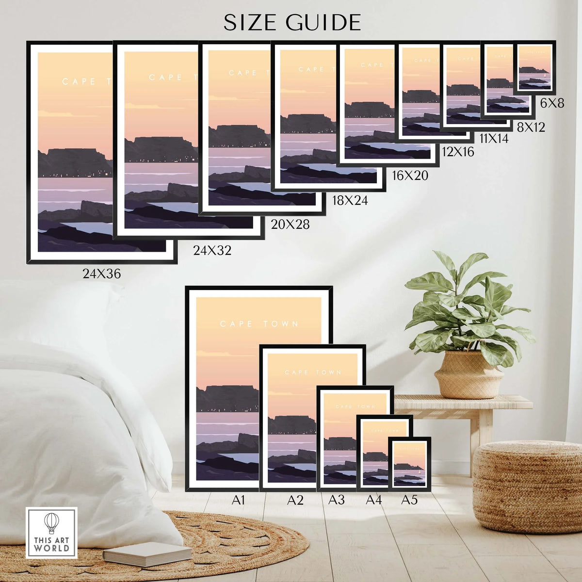 Size guide for Cape Town Print Wall Art Poster showcasing various dimensions in a stylish home setting.