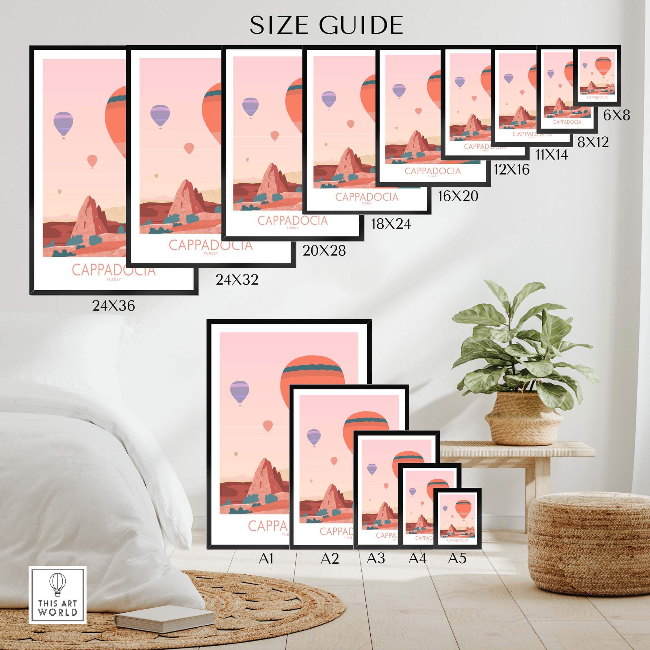 Cappadocia hot air balloon print size guide showcasing various frame sizes and styles.
