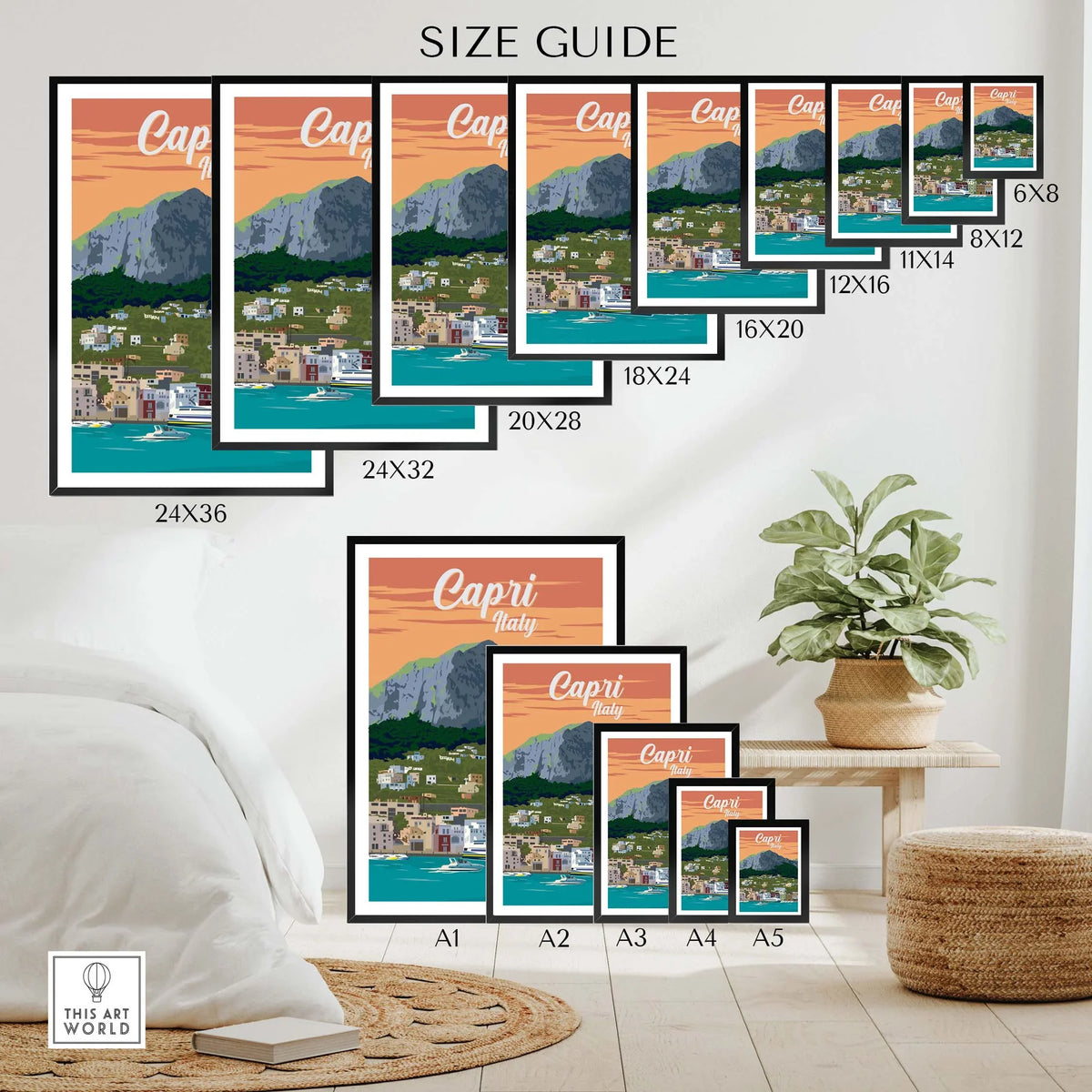 Capri Italy Poster Print Wall Art size guide with various frame options and stylish home decor display.