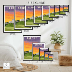 Cardiff Poster Wales Print size guide showcasing various frame sizes and styles for home wall art.