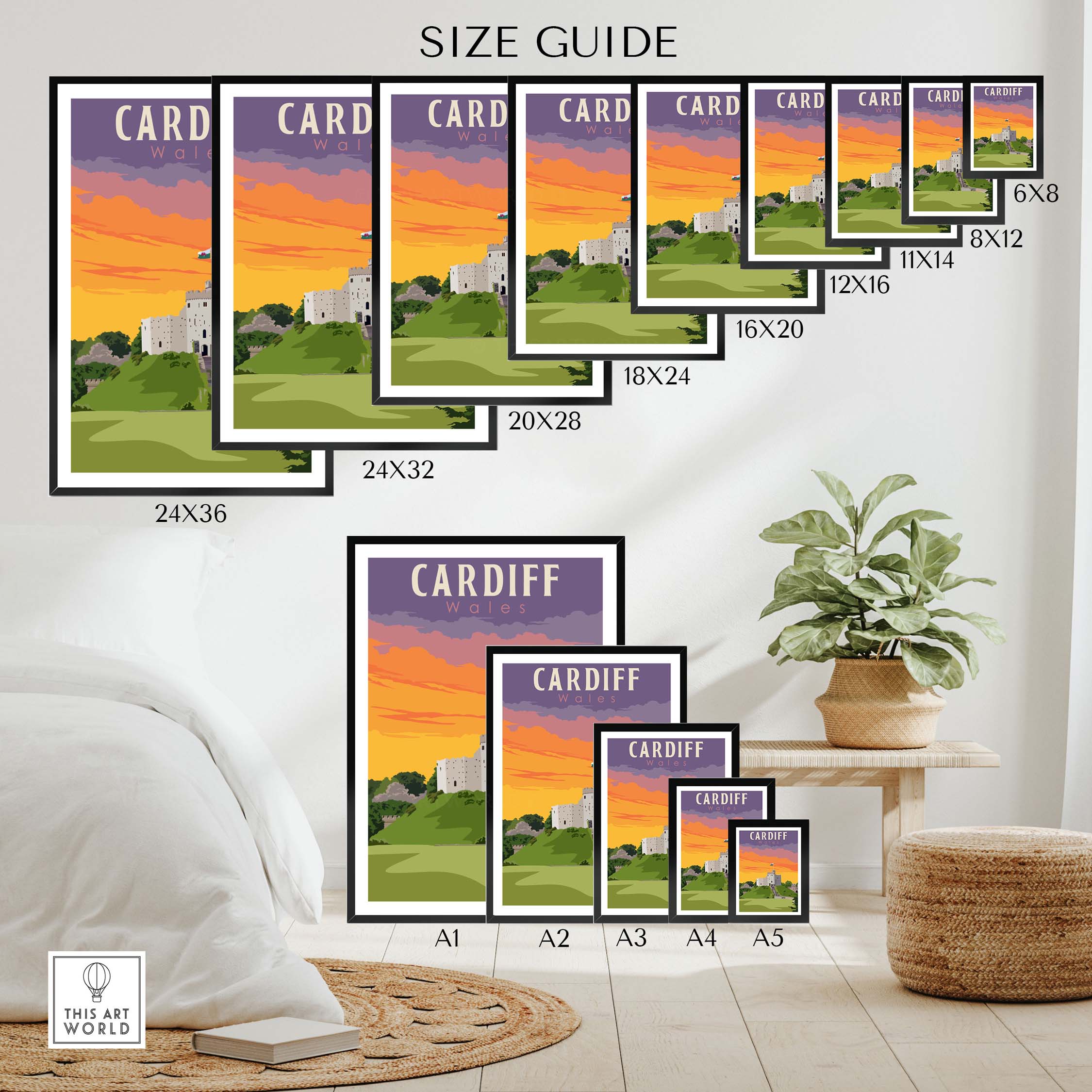 Cardiff Poster Wales Print size guide showcasing various frame sizes and styles for home wall art.