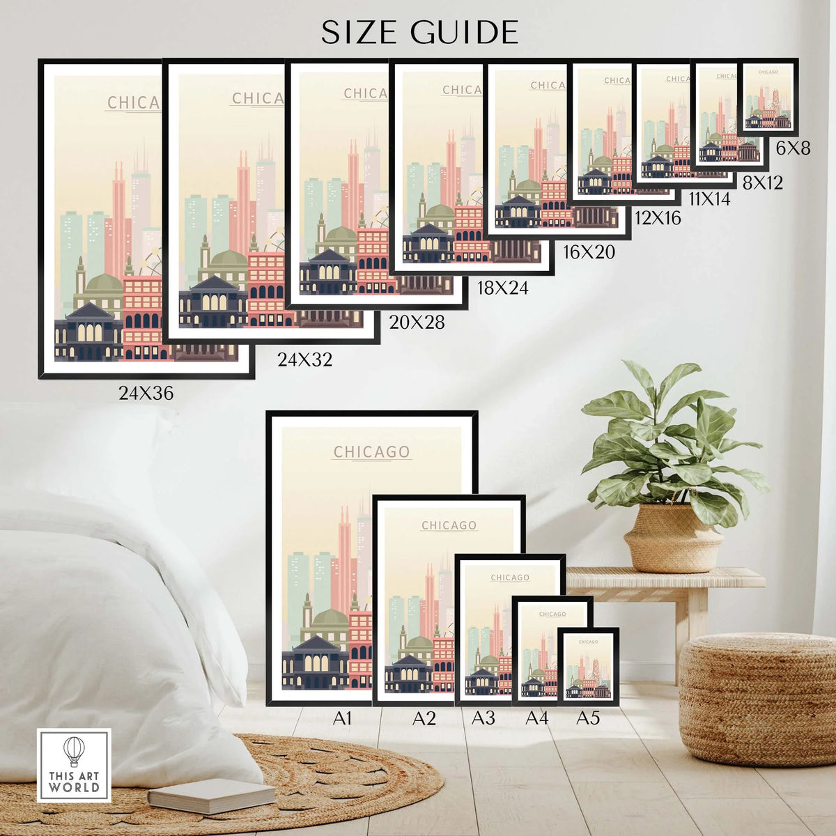 Chicago Skyline Wall Art Poster size guide showcasing various frame sizes for stylish home or office decor.