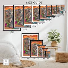 Cinque Terre Italy poster size guide showcasing various frame dimensions and stylish wall art arrangement.