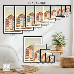 Size guide for Copenhagen Wall Art Poster showing various frame sizes and dimensions for home decor options.