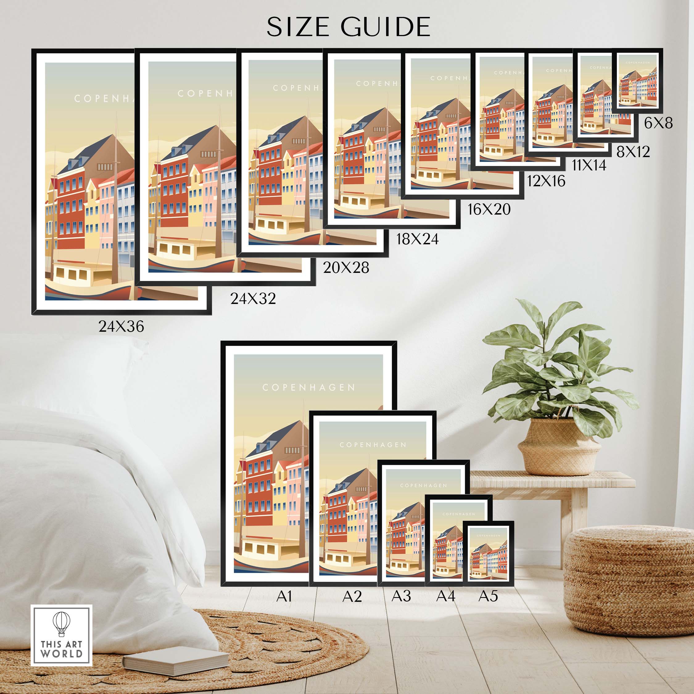 Size guide for Copenhagen Wall Art Poster showing various frame sizes and dimensions for home decor options.