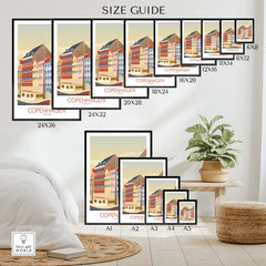 Size guide for Copenhagen Wall Art Denmark Prints featuring various frame sizes and a stylish home setting.