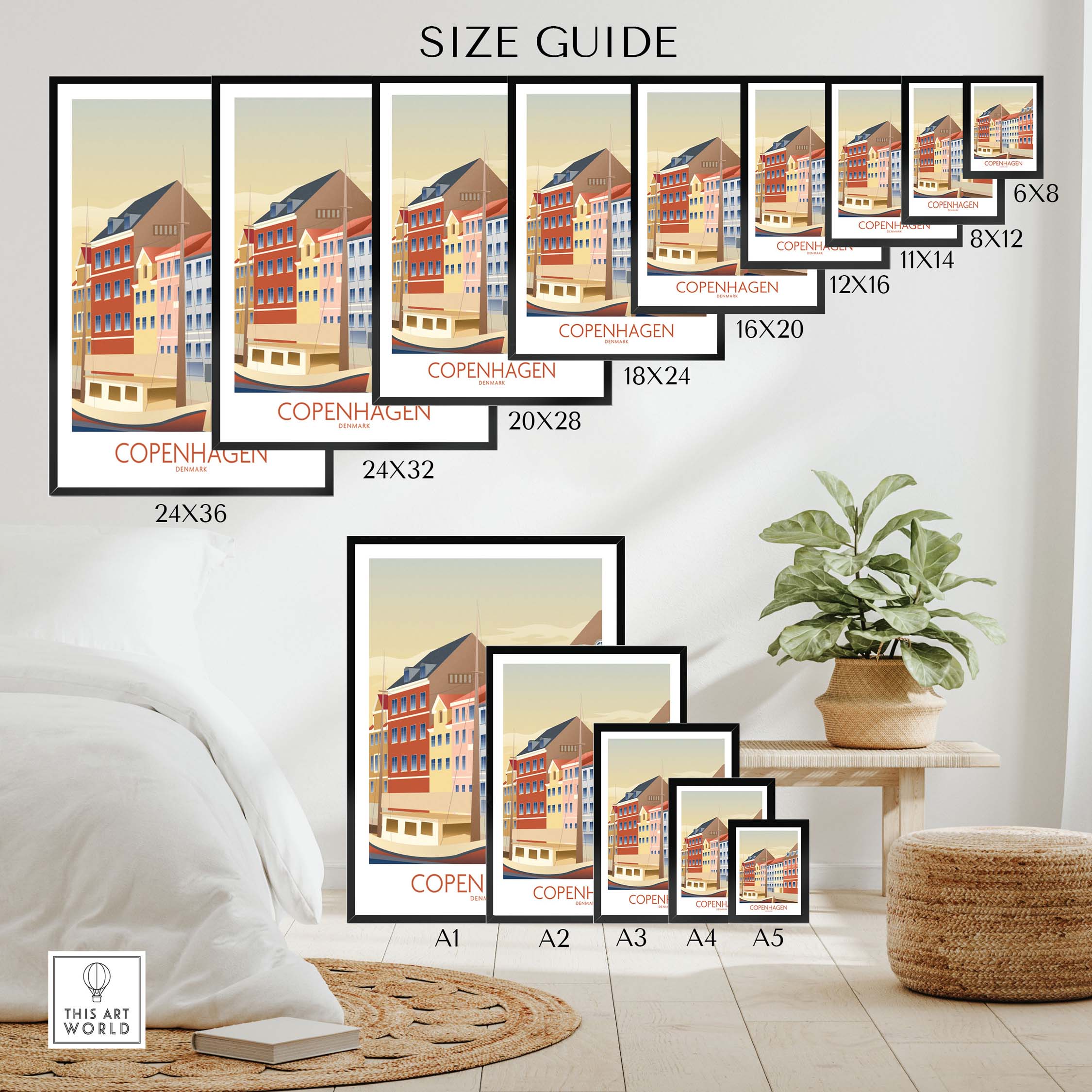 Size guide for Copenhagen Wall Art Denmark Prints featuring various frame sizes and a stylish home setting.