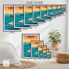 Corfu Print Greece Poster size guide showcasing various frame sizes and art options for home decor.