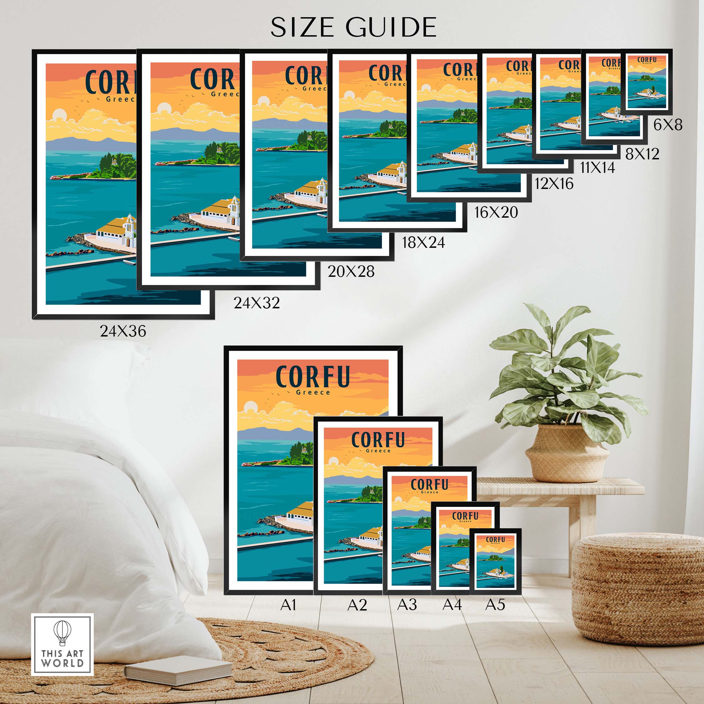 Corfu Print Greece Poster size guide showcasing various frame sizes and art options for home decor.